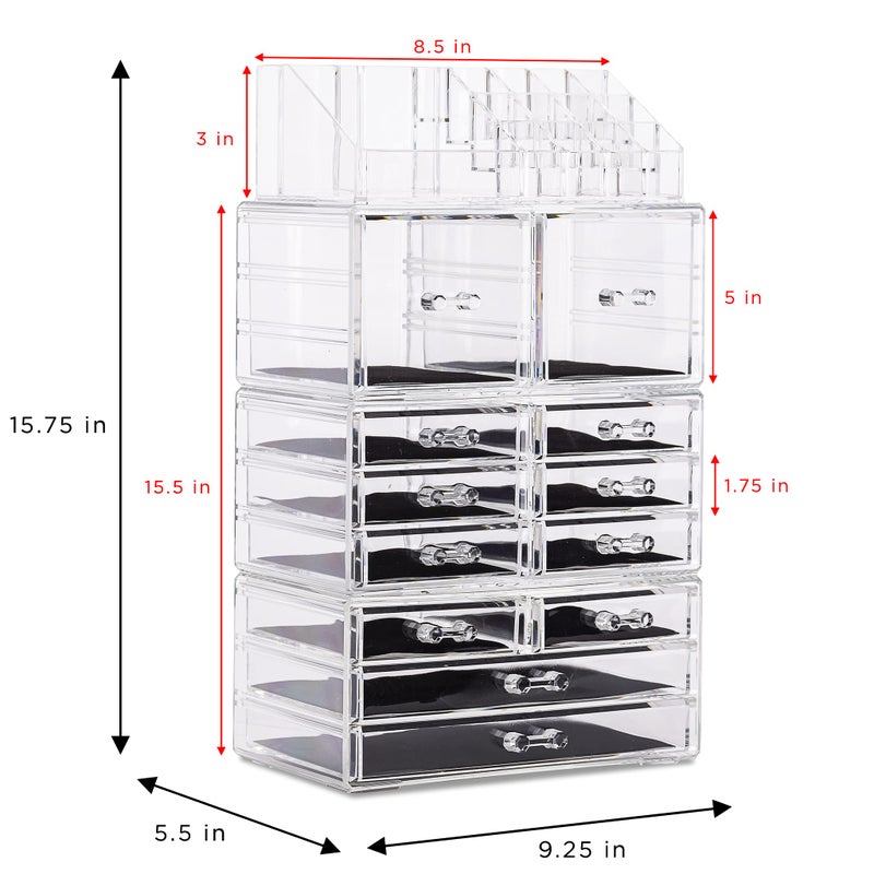 Sorbus Large Makeup Organizer - Clear Stackable Jewelry Makeup Organizer for Vanity, Bathroom Storage Display Case - 12 Drawers Cosmetic Beauty Organizers and Storage with Lipstick Makeup Brush Holder - Image 3